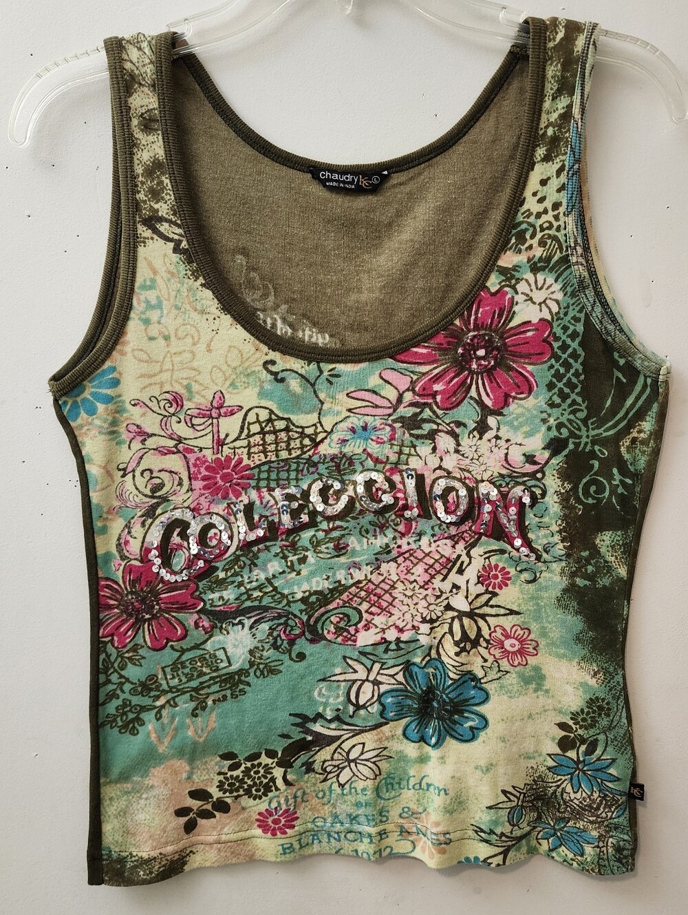 Chaudry KC Boho Floral Tank Top Sequins Graphic Mix Media Art Print Y2k Womens L